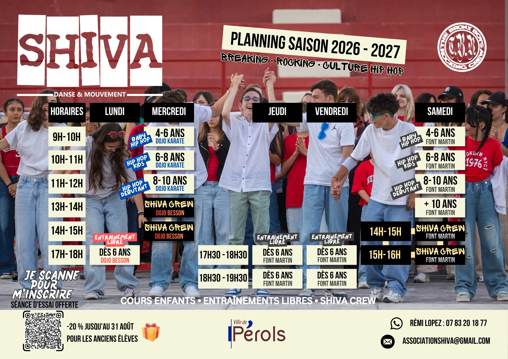 Planning complet SHIVA DANSE 2026-2027 avec les cours, horaires et lieux